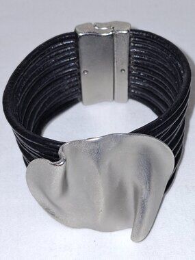 Edgy Goth Cuff Bracelet Brushed Silvertone Design Medallion Leatherlook Straps